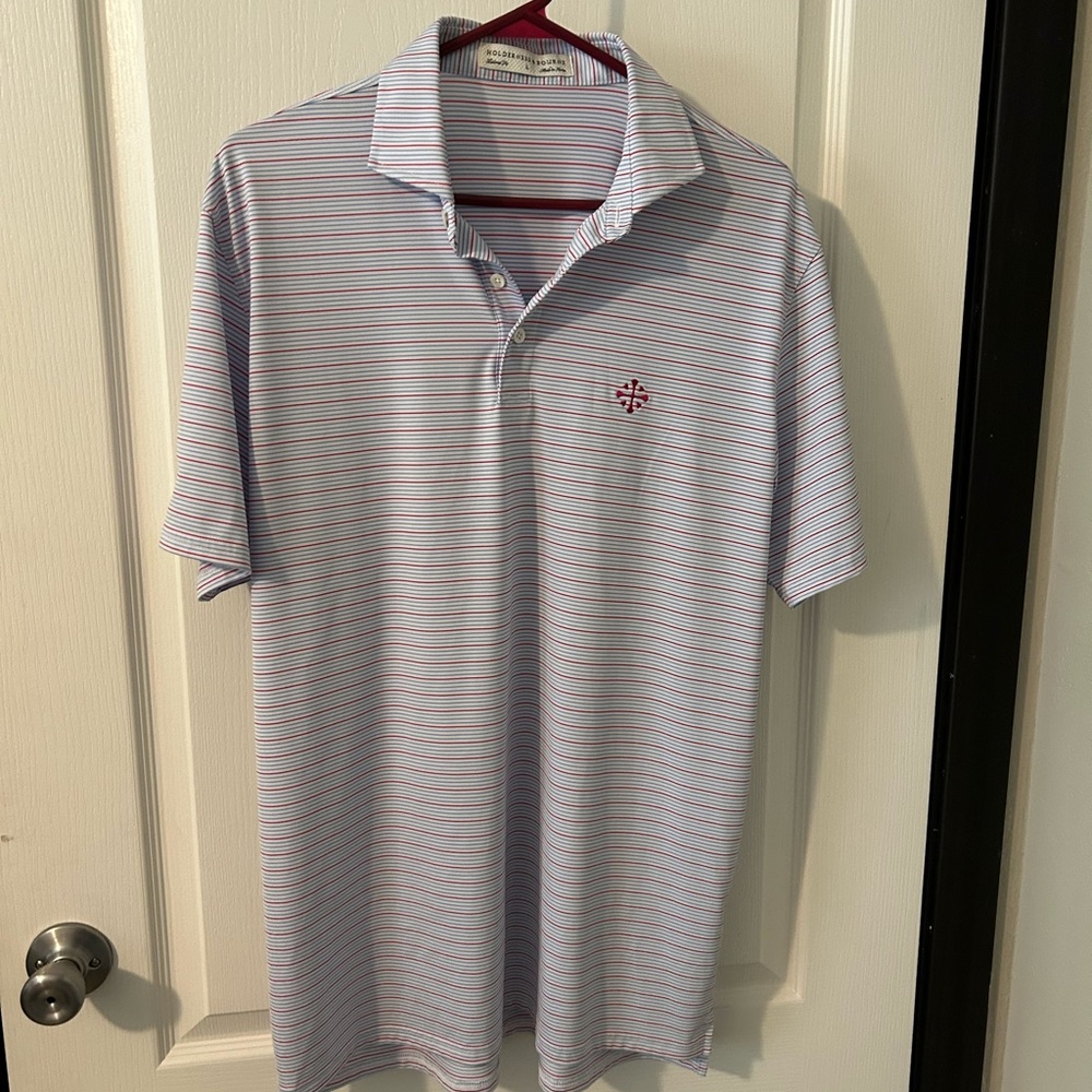 Holderness and Bourne Men’s striped golf shirt with McLemore Club logo